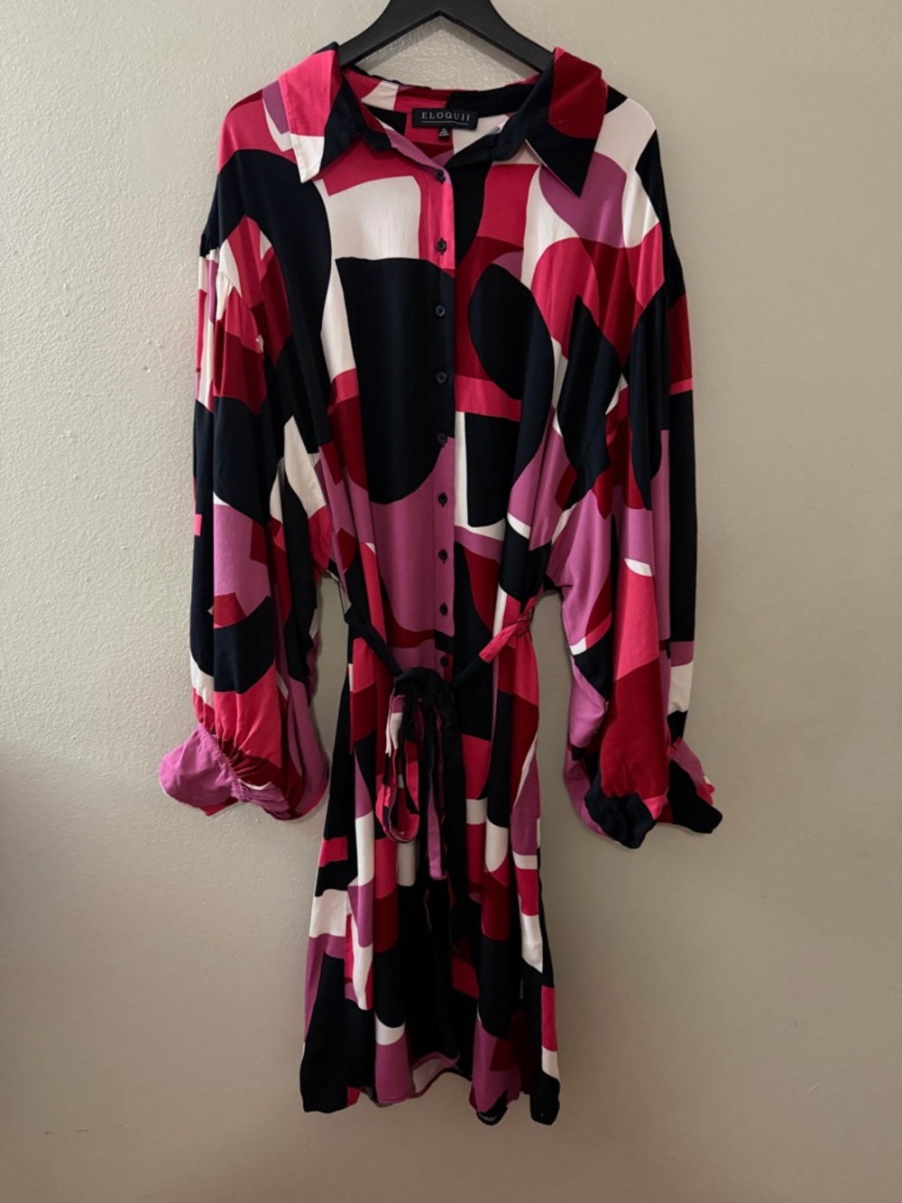 ELOQUII Abstract Geometric Print Belted Shirt Dress Long Sleeve 22